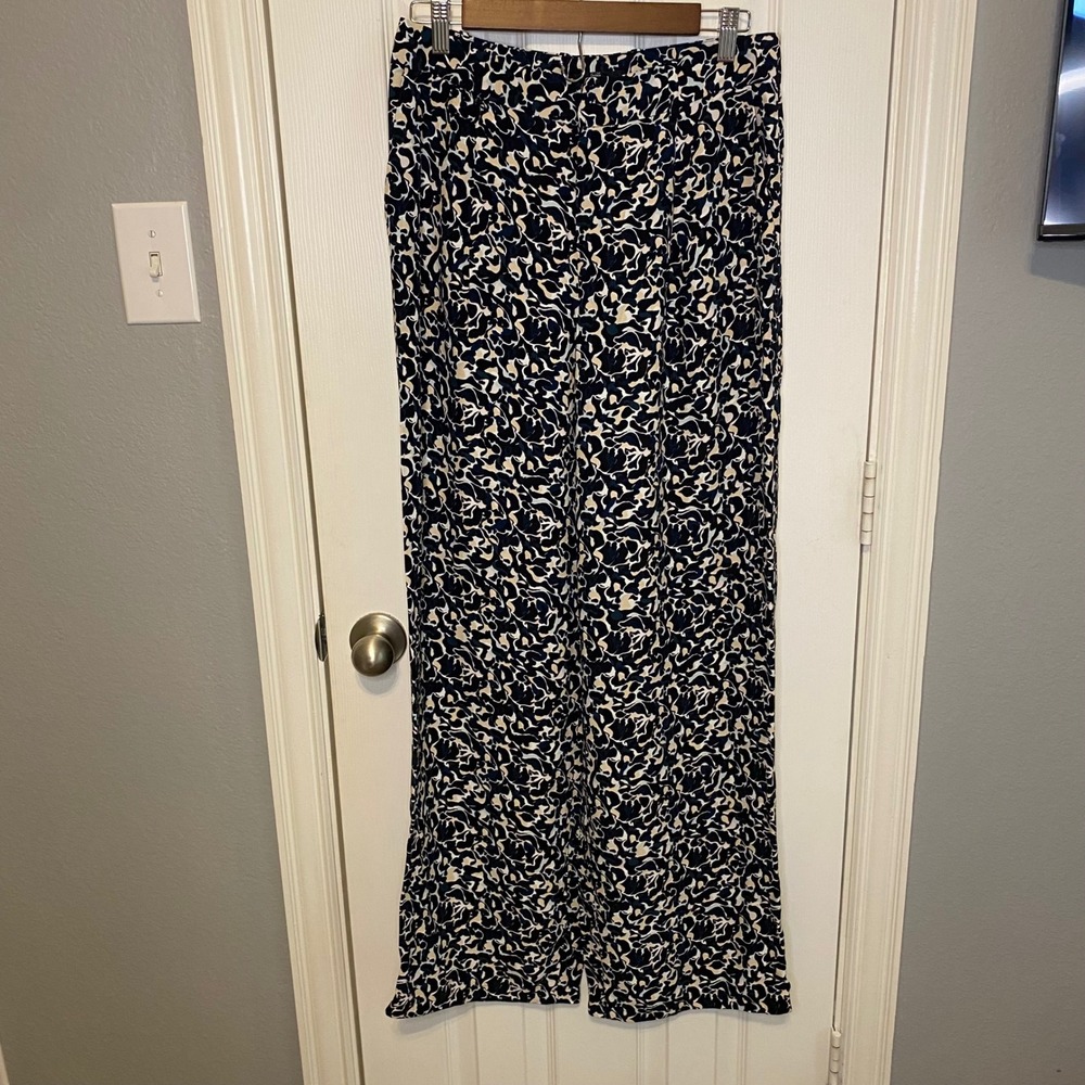 Club Monaco Women 4 Wide Leg Pants Navy Cream Abstract Floral‎ Viscose Trousers